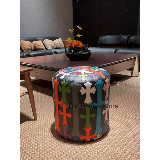 Light Luxury American Cross-stitch Leather Stool, Shoe Changing Stool for Home Living Room, Makeup Stool, Sofa Pillow