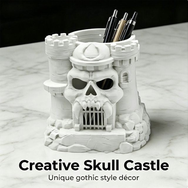 3D Printed Skull Castle Pen Holder Gothic Skeleton Makeup Brush Pencil Organizer Rack Creative Desk Office Desk Decor Halloween