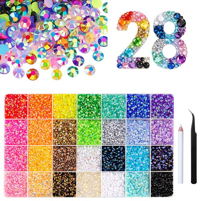 28 Colors Resin Rhinestones with Tweezers for Bedazzling, Multicolor 3mm Crystal with for Bedazzled Nail Art Crafting Makeup