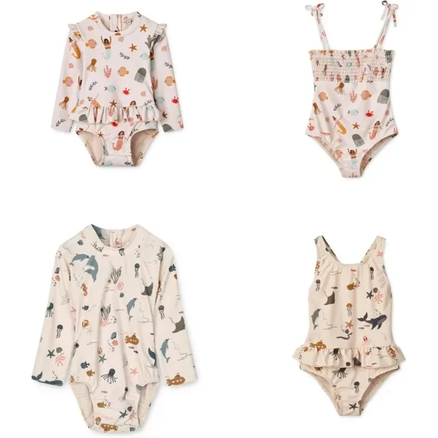 Girls Swimwears Ocean Long Sleeved Swimsuit Apricot Mermaid One-pieces Baby Girl Swimwear Kids Vacation Sunscreen Swimsuits