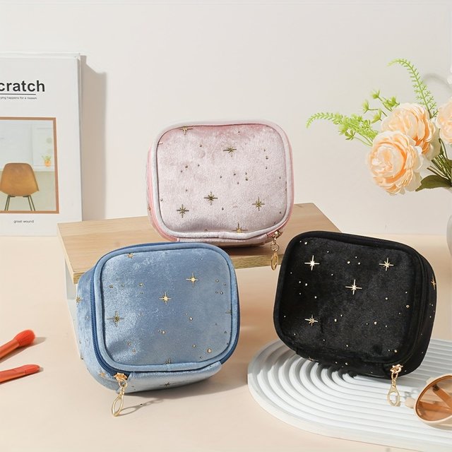 Sparkling Star Velvet Makeup Bag, Large Capacity Multi-Use Pouch with Golden Zipper for Makeup Coins, 4 Colors
