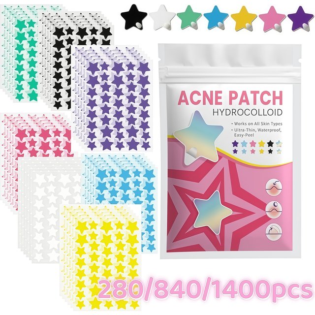 280/840/1400pcs Bright Star Acne Patches, Colorful Hydrocolloid Stickers, Skin-Friendly, Travel & Makeup Ready