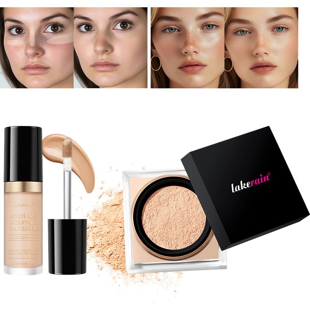 2pcs Face Makeup Set With Concealer And Loose Setting Powder Natural Face Smooth Matte Finish Women Cosmetics Korean Makeup