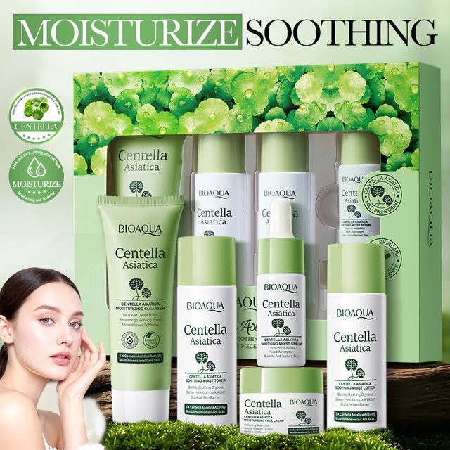 5-teiliges BIOAQUA Centella Asiatica Hautpflegeset Feuchtigkeitsspendende Gesichtsreinigung Gesichtscreme Serum Anti-Aging Gesichtspflege-Kit