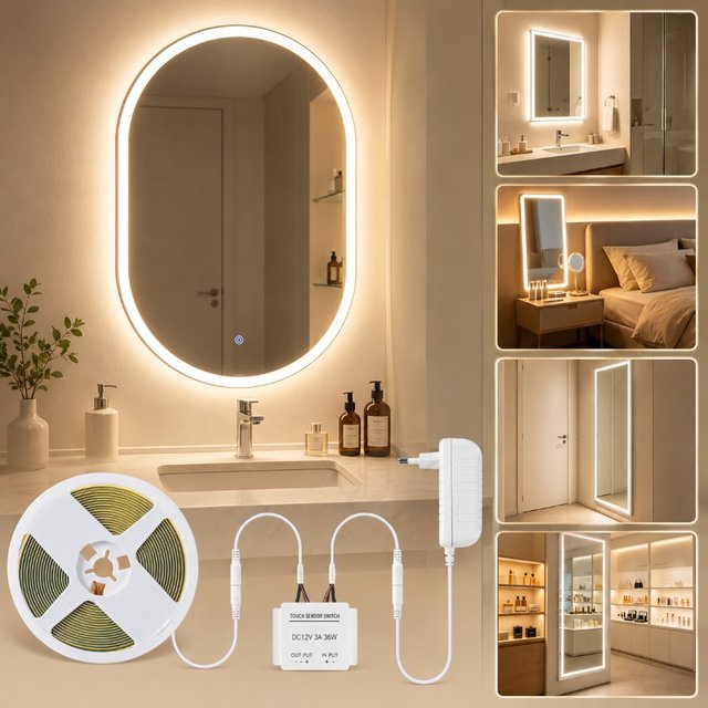 Dimmable Touch Control Bathroom Makeup Mirror 12V LED Light Strip Set Dressing Table Background Lighting Sensor Vanity Light