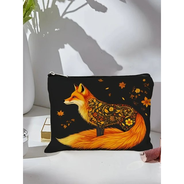 A Fox and Floral Pattern Makeup Bag- multifunctional zipper pouch, jewelry storage bag, perfect travel zipper small storage bag