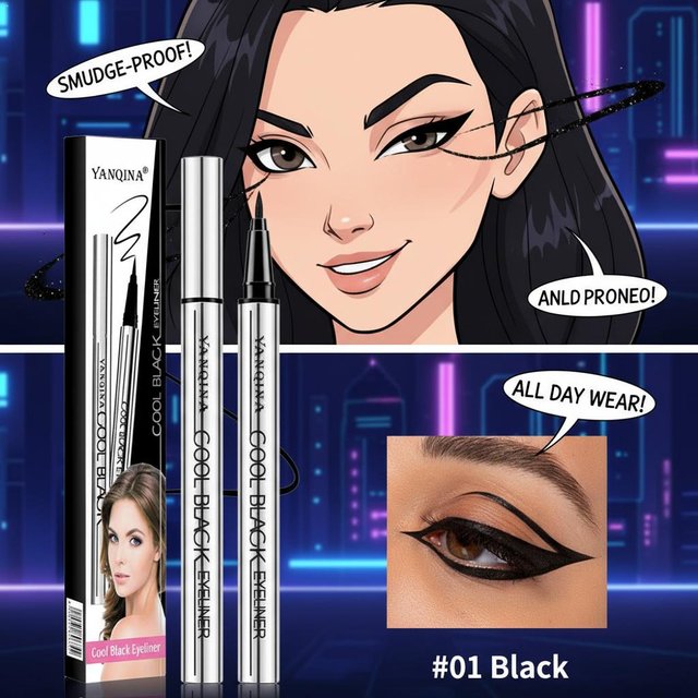 YANQINA Liquid Eyeliner Pen Cool Black Shade Waterproof Quick-Dry Formula 24H Long-Lasting Smudge-Proof Eye Makeup For Beginners