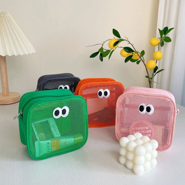 New Candy Color Mesh Cosmetic Bag Cute Big Eyes Make Up Case Kawaii Makeup Pouch Makeup Case Portable Toiletry Storage Bag