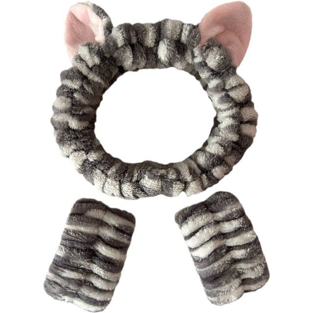 3pcs/set Cute Cat Ear Leopard Print Plush Headband for women Girls Spa Washing Face and Makeup Headband Elastic Wrist Strap