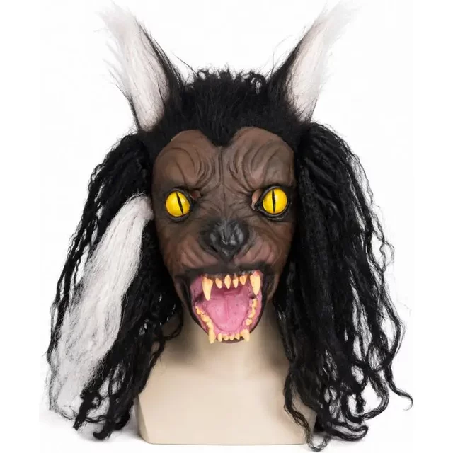 Fierce Wild Werewolf Latex Full Head Mask Simulated Hair Monster Face Mask Halloween Cosplay Haunted House Decor Props