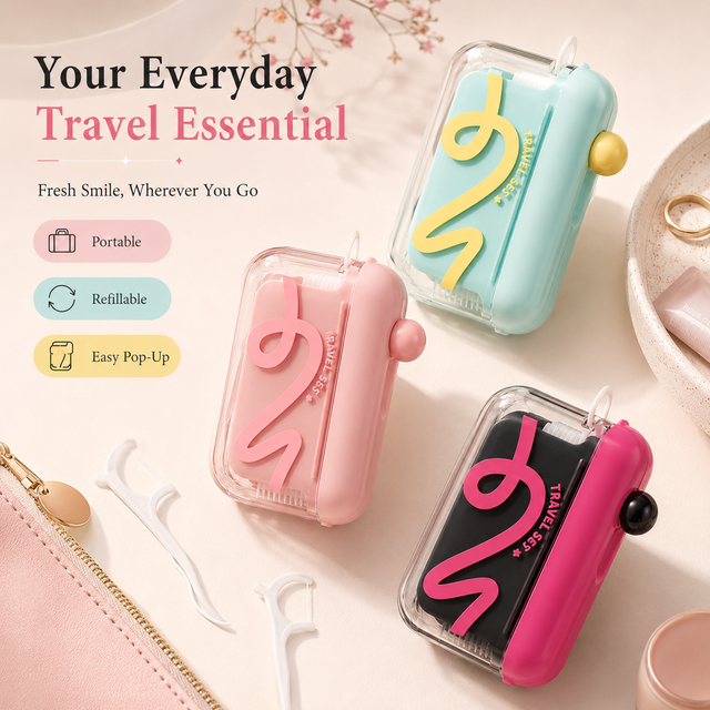 JNSUR Portable Dental Floss Pick Box Auto Pop-Up Refillable Travel Floss Holder 3 Colors Pink Mint Black Compact Oral Care Case