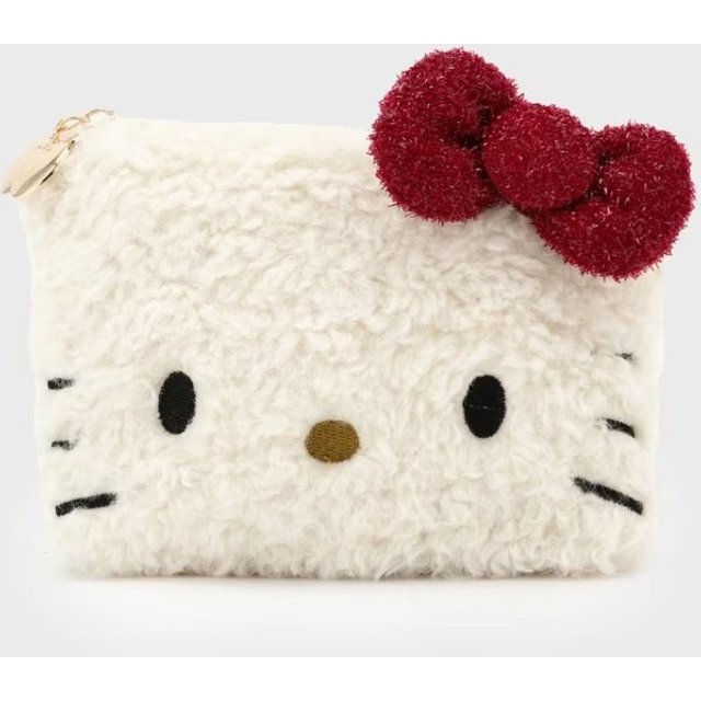Japanese Cartoon Hello Kitty Pattern Plush Coin Purse with Bow, Mini Lipstick Makeup Pouch Small Item Storage Bag for Girls