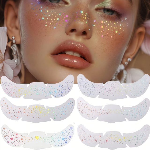 6pcs Glitter Freckle Tattoos Holographic Heart Face Stickers Waterproof Temporary Festival Party Makeup Easy Peel