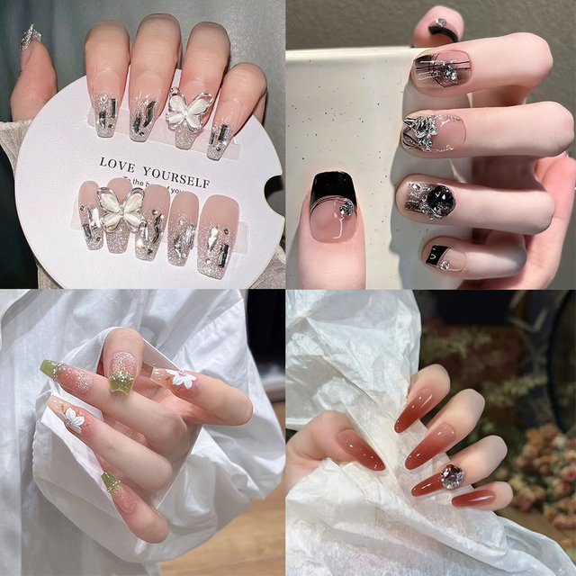 Faux ongles à pression, taille M/S, Design papillon, paillettes, rose, noir, Blush, strass, amande, couverture complète, portables, 10 pièces