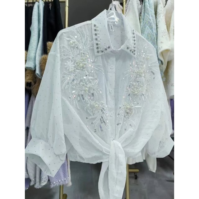 Luxury Diamonds Sequined Sunscreen Blouses Shirts Women 2026 Spring Summer Half Sleeve Shirts Fashion Tops Camisas De Mujer