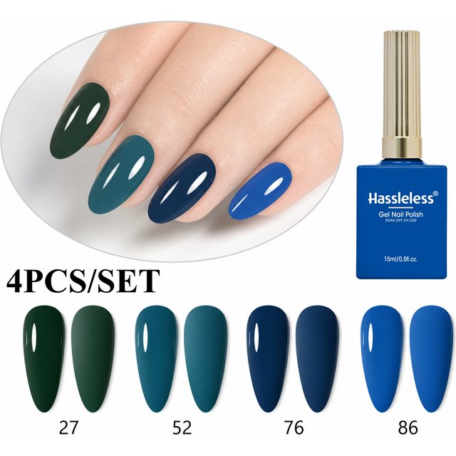 Hassleless 4-teiliges grün-blaues 4-Flaschen-Nagellack-Gel-Set, seidige Textur, hohe Deckkraft, Nagellack-Gel für Damen-Dekoration, Salon-Qualität