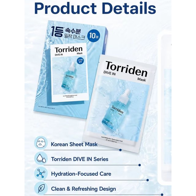 Torriden DIVE-IN Hyaluronic Acid Facial Sheet Masks 10pcs,Thin & Skin-Fit,Deep Hydration,Weekly Treatment,K-Beauty,Korean Makeup