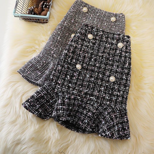 Petite jupe à carreaux parfumée pour femmes, nouvelle jupe en laine queue de poisson, mode décontractée, jupe en tweed, sac, jupe de hanche, automne et hiver.