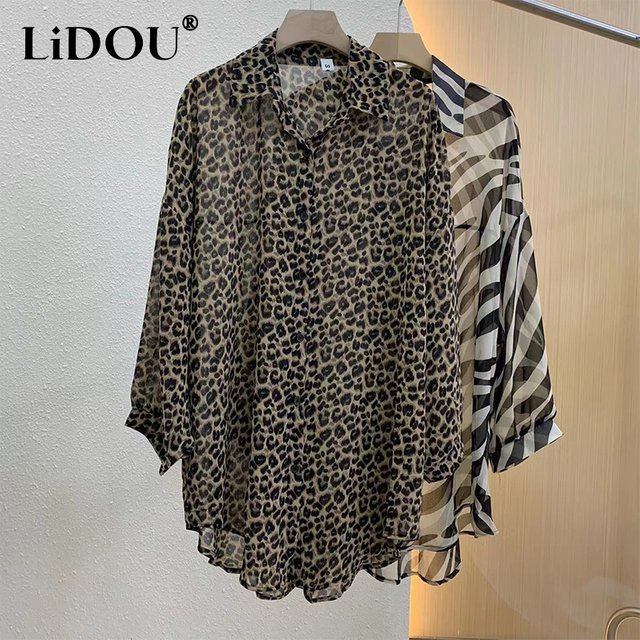 2023 Summer Fashion Leopard Printing Sunscreen Shirt Ladies Long Sleeve Loose Casual Buttons Blouse Women's Elegant Cardigan Top