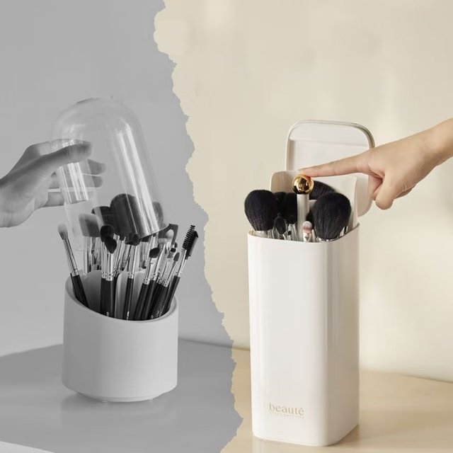 Organisateur de pinceaux de maquillage à levage automatique, rangement à quatre compartiments pour outils cosmétiques, eyeliner, crayon à sourcils, seau à pinceaux anti-poussière