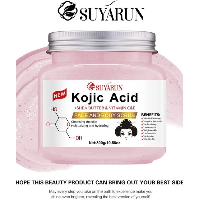 SUYARUN Kojic Acid Exfoliating Body Scrub - Brightening Dark Spot Remover, Natural Skin Smoothing Scrub for Soft Glowing Skin.