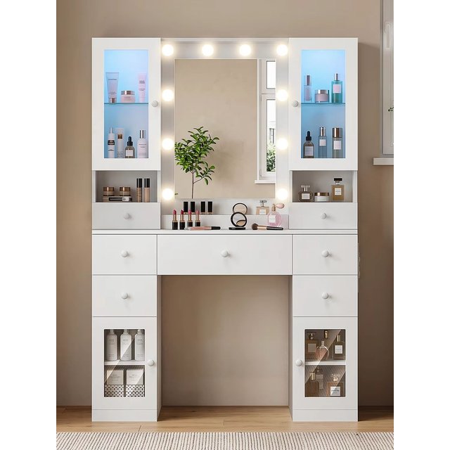 Large White Makeup Vanity Desk with Mirror and 10 Hollywood Bulbs, Large Vanity Table Set with Charging Station, Dressing Table with RGB Cabinets, Makeup Vanity Mirror with Light Desk and Drawers, 3