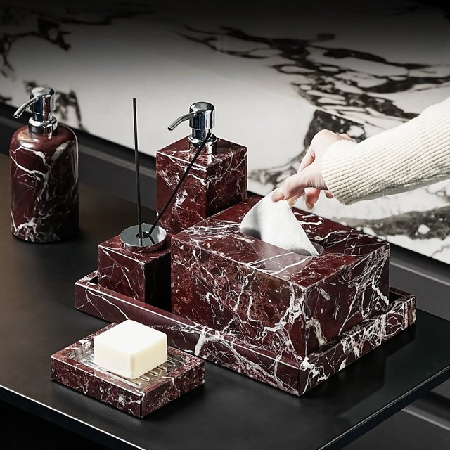 Luxury Natural Marble Rosa Levanto Bathroom Accessories for Home Decor Soap Dispenser Tissue Box Storage Tray Toothbrush Holder