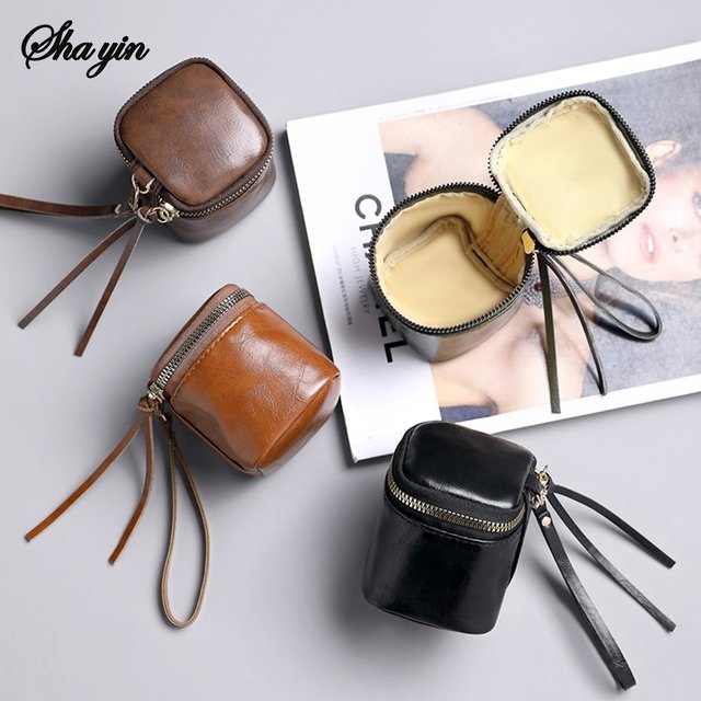 Leather Square Storage Bag Portable Hanging Zero Wallet Mini Makeup Bag Coin Holder Headphone Organizer Travel Essential