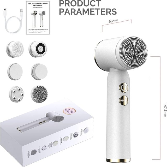 Portable 6-in-1 Silicone Electric Cleansing Brush Facial Pore Cleaning and Exfoliating Waterproof Sonic Cleansing Brush