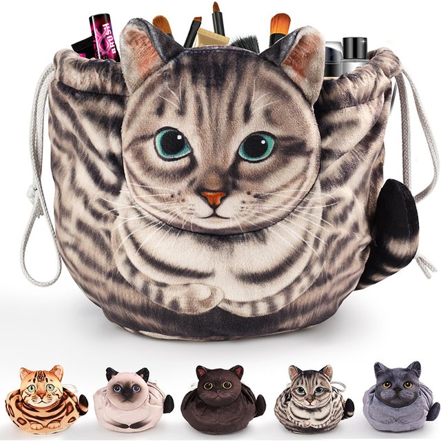 Cute Cat Makeup Bag Drawstring Closure 3D Cat Head Design Flat Cosmetic Pouch Gift for women Cat Lovers Travel Organizer Bag