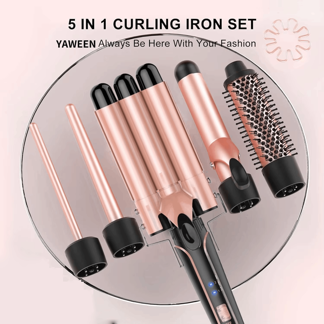 Ensemble de bigoudis 5 en 1 avec brosse à friser, baguette à friser de 0,35 à 1,25 pouces pour la coiffure, gants résistants à la chaleur et pince à cheveux
