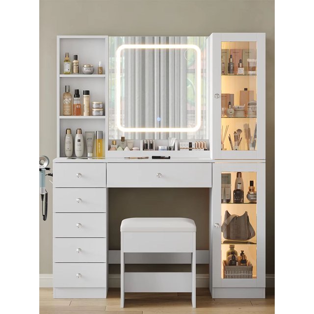 55"H Large Capacity White Makeup Vanity Set, LED Lighted Mirror With 3 Adjustable Lighting Modes, 6 Drawers, 3-Tier Open Storage Shelves & 6-Tier Glass Display Cabinets, Scratch-Resistant Clear