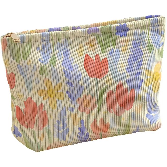 Watercolor colorful tulip lavender floral printed corduroy makeup bag, lightweight zipper pouch, multifunctional lined cosmetic
