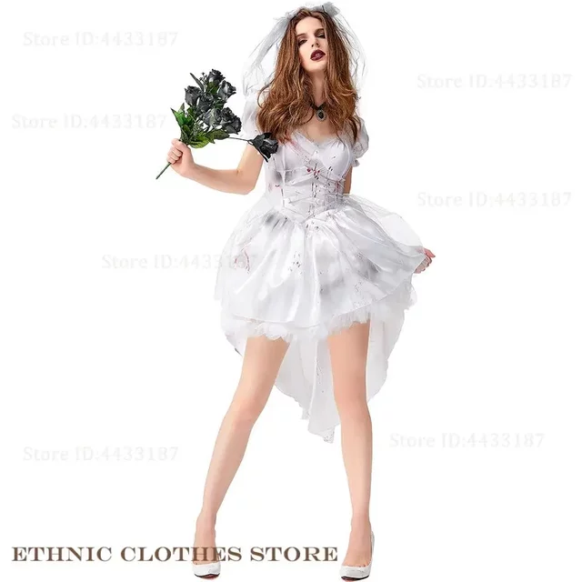 Robe de mariée fantôme en queue d'hirondelle blanche, vêtements d'halloween pour femmes, mascarade, Cosplay, Costume de Vampire Zombie, Costume de spectacle sur scène