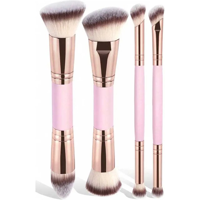 4Pcs Dual-Ended Makeup Brush Set, Soft Synthetic Bristles Foundation Blush Powder Eyeshadow Brushes, Portable Cosmetic Tools for