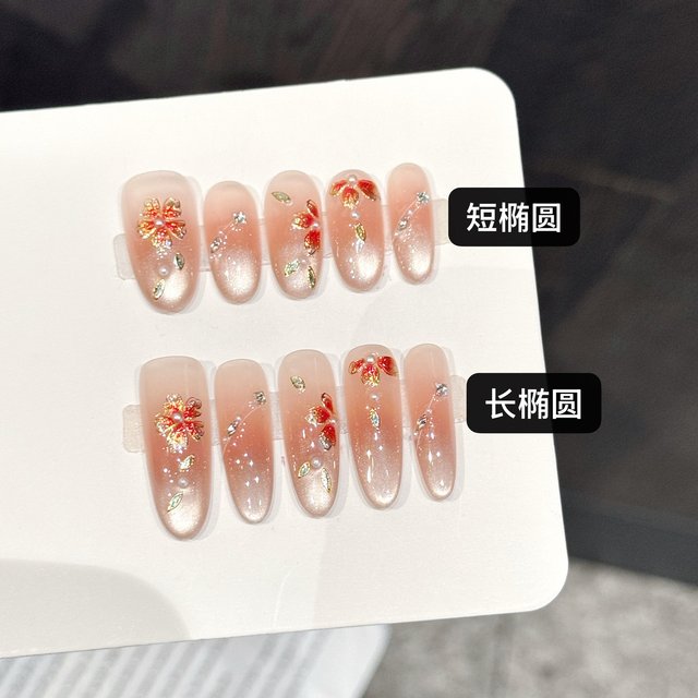 10pcs Glitter Red Flower Butterfly Press On Nails Blush Pink Short/Long Almond Handmade False Nails Sweet Girls Charm Fake Nail