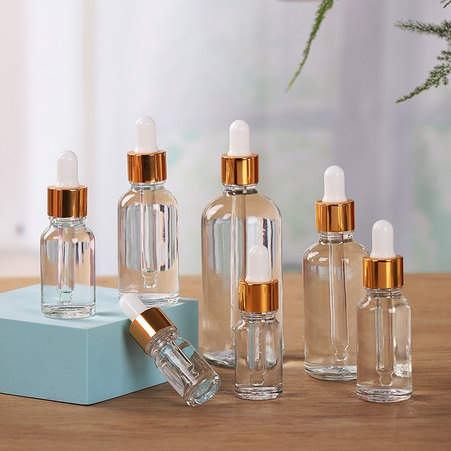 Flacon compte-gouttes avec bouchon doré, flacons en verre transparent avec pipette pour parfum, essence, huile essentielle, réactif, aromathérapie, liquide cosmétique