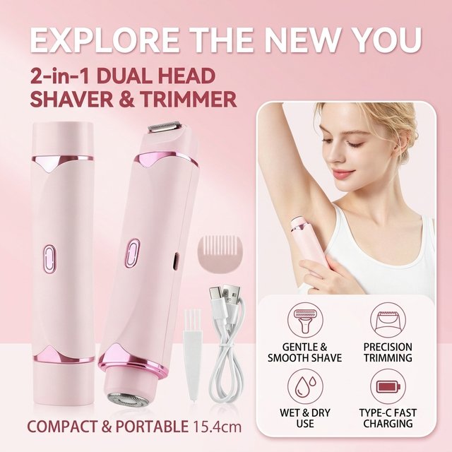 Electric Shaver for women Dual Head Wet Dry, Waterproof USB Rechargeable Lady Razor for Legs Underarm Bikini, Cordless Travel