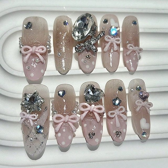 10 pièces rose arc à pois français amande à la main presse sur les ongles mignon Girly Blush Nail Art 3D perles diamants paillettes faux ongles