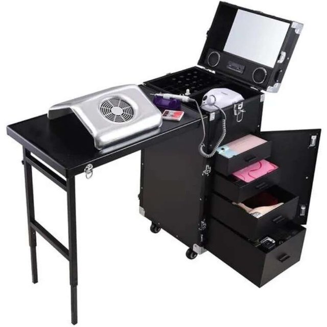 Black Cosmetic Workstation Folding Rolling Portable Case Nail Tech Tables Manicure
