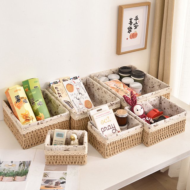 Imitation Rattan Multi-Purpose Storage Basket Desktop Sundries Organizer Cosmetics Snack Holder Home Decorative Storage Box
