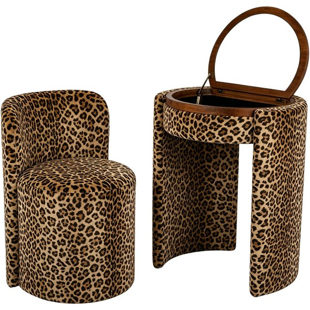 #Luxury Vintage Leopard Vanity Set Zebra Dressing Table Chair Flip-Top Round Mirror Storage Tiger Fabric Makeup Desk for Bedroom