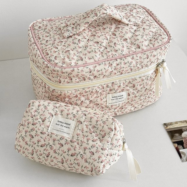 ★▲Fresh Sweet Corduroy Floral Cosmetic Bag Portable Large-Capacity Storage Bag Travel Makeup Bag Toiletry Organizer For Girls