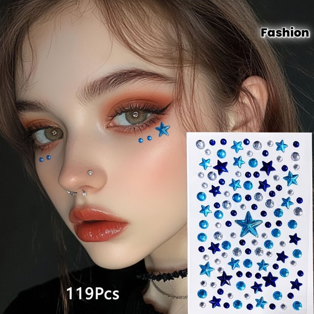 119Pcs Blue Star Rhinestone Face Gems Self-Adhesive Glitter Stickers Y2K Punk Eye Body Makeup Rave Party Festival Accessories