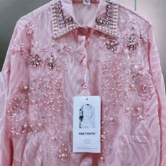 New In Sparkle Pearls Diamonds Embroidery Pink Sunscreen Shirts Blouses for women's Lantern Sleeve Loose Casual Tops Blusas
