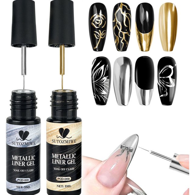 5ML Metal Gold Silver French Liner Gel Nail Polish 3D Metallic Mirror Chrome Painting Striper Gel Soak Off UV/LED Nail Varnish 5