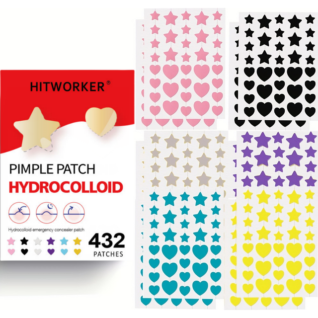 432PCS Hydrocolloid Pimple Patches for Face, Colorful Star & Heart Blemish Cover Stickers, Mixed Shape Facial Spot Patches