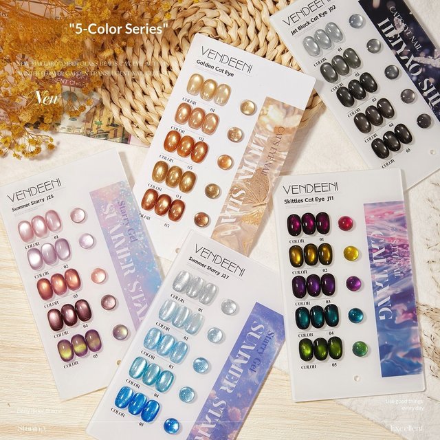 Vendeeni 5-Color Crystal Cat's Eye Gel Nail Polish 15ml Purple Glass Beads Sparkling Gel UV LED Salon Quickly Dry Long Lasting