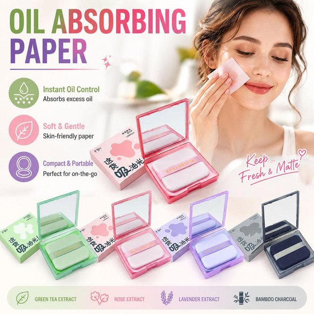 Oil Absorbing Paper With Puff Case Mirror Facial Blotting Sheets Instant Matte Makeup Oil Control Bamboo Charcoal 100Pcs