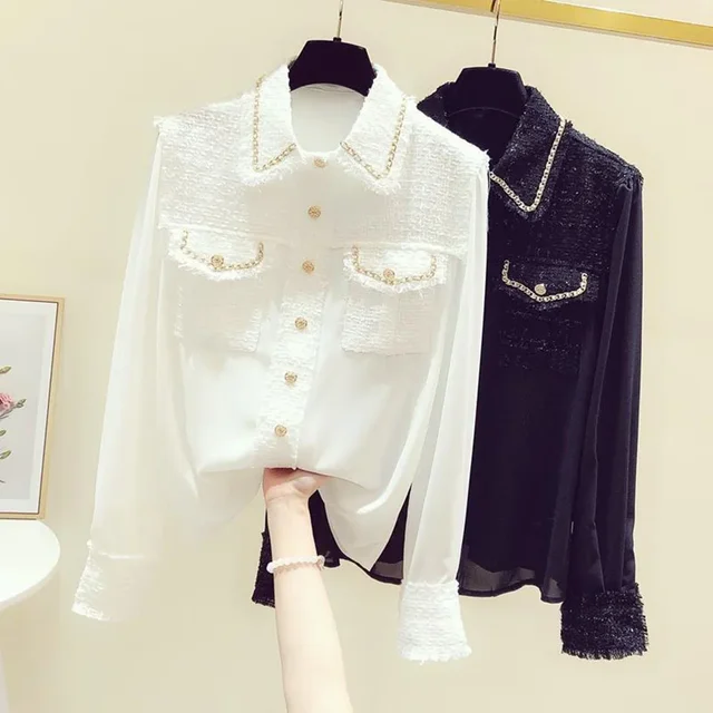 Chemisier français rétro pour femme, petit parfum vent, chemise d'épissure en Tweed, vêtements pour